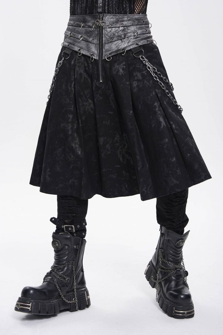 Chain-Decorated Lace-Up Pleated Punk Skirt for Men