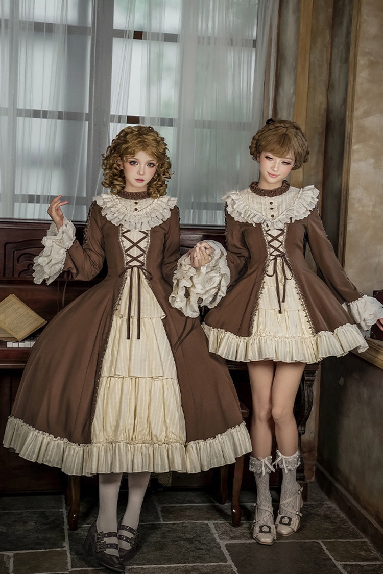 Nutcracker Stand Collar Trumpet Sleeve Lolita Dress Set with Bow - Lace-Up