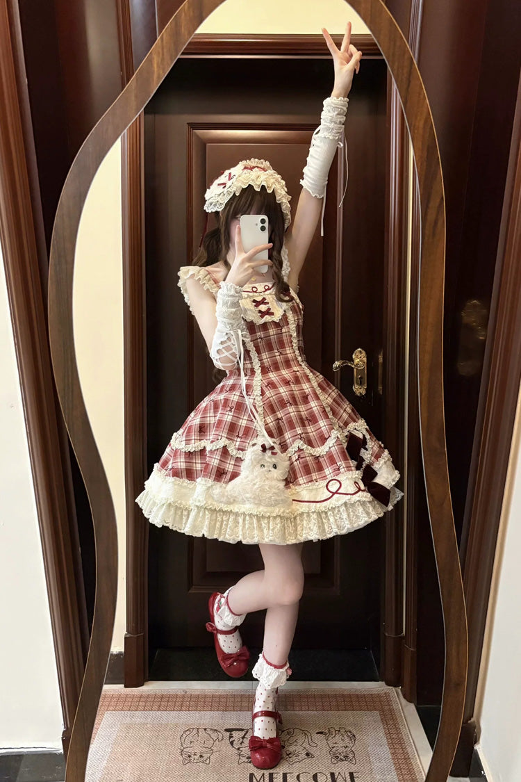 Crimson Square-Neck Sweet Lolita JSK Set with Plaid and Lace