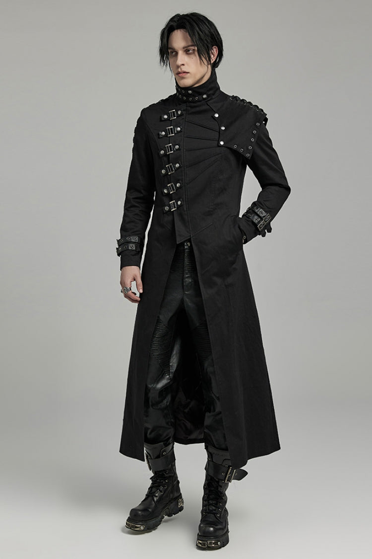 Men's Black Gothic Coat, Slim Fit with Detachable Shoulder Pads and High Collar