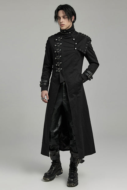 Men's Black Gothic Coat, Slim Fit with Detachable Shoulder Pads and High Collar