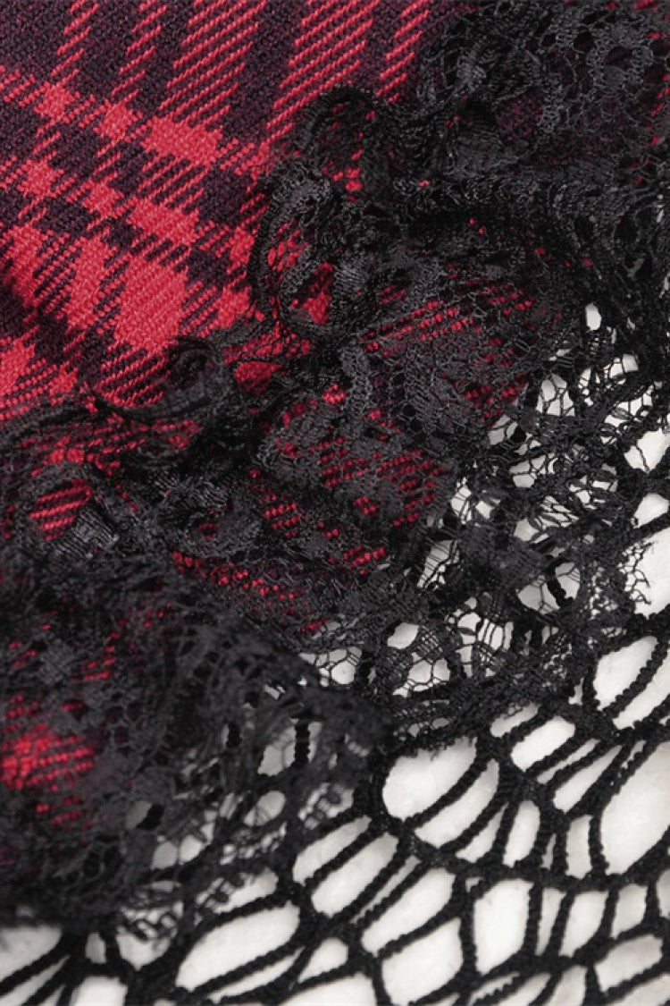 Crimson Punk Mini Dress with Plaid Layers and Lace Trim