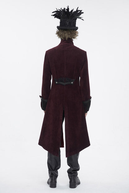 Crimson High-Neck Slim-Fit Gothic Coat with Embroidered Long Sleeves