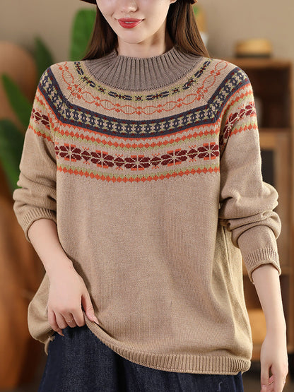 Women Vintage Autumn Jacquard Half Turtleneck Sweater AI1005