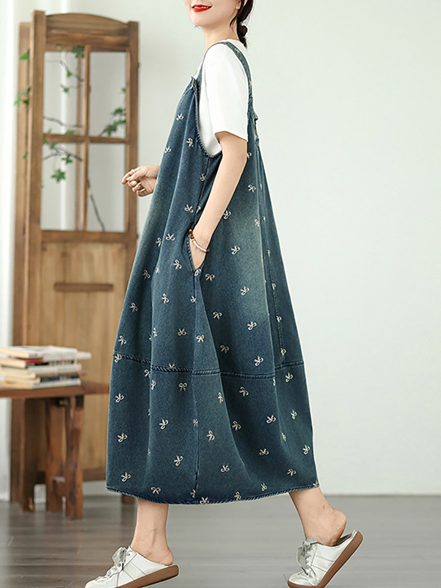 Dress Overall Denim Bowknot Women Summer Embroidery