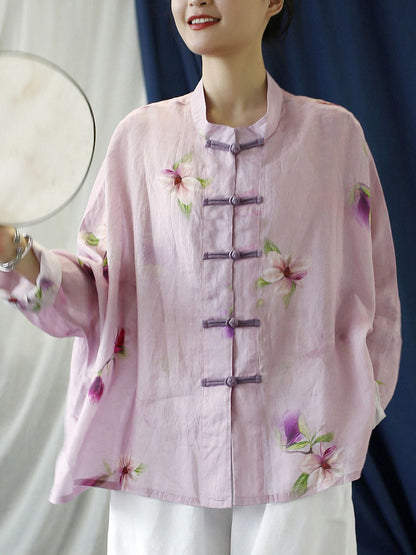 Plus Size Women Vintage Flower Pink Spring Ramie Shirt Coat PP1051