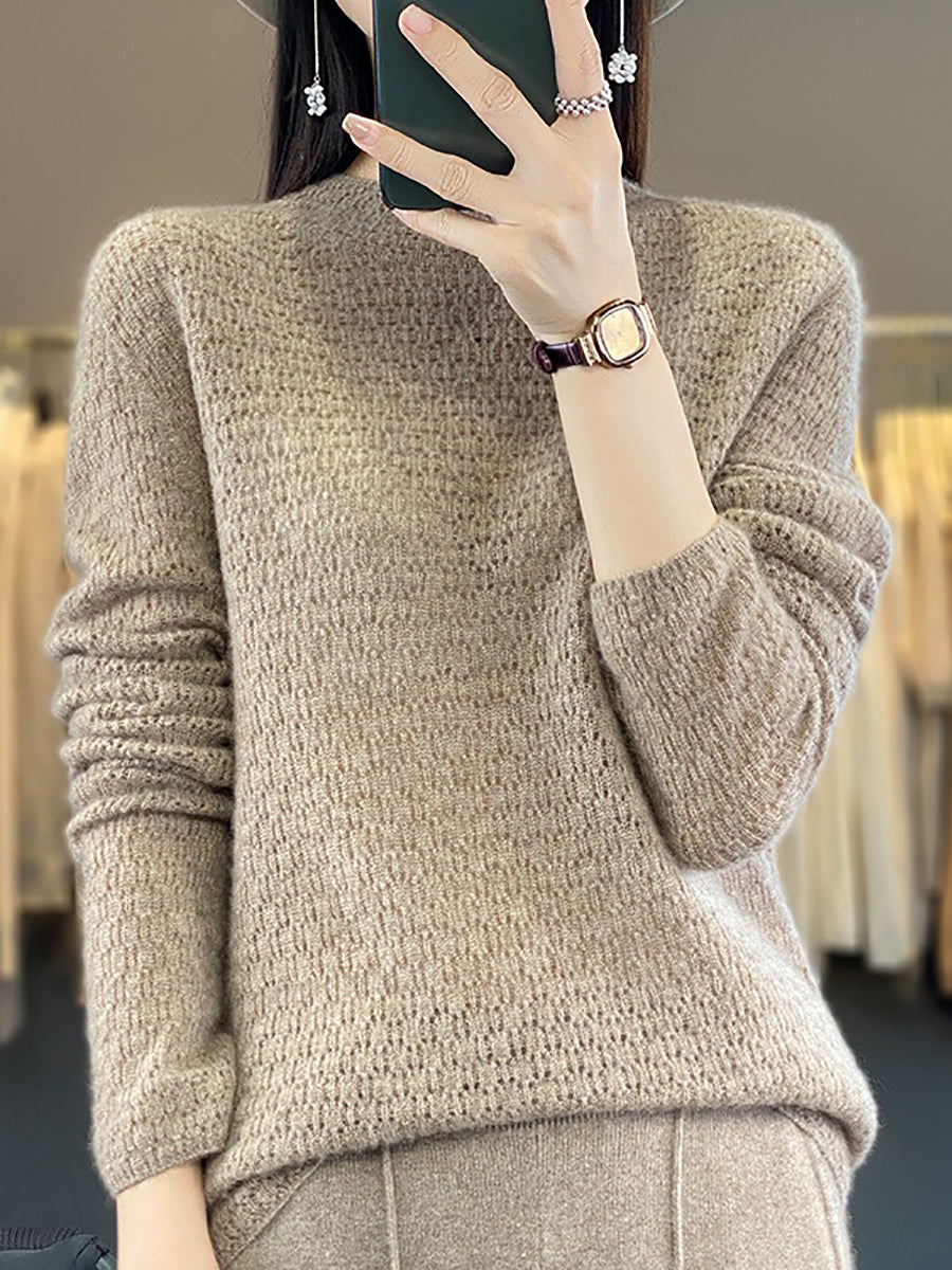 Women Autumn Casual Solid Knit 100%Wool O-Neck Sweater WU010