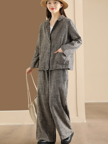 Plus Size Women Vintage Stripe Spring Linen Shirt+Pants II1057