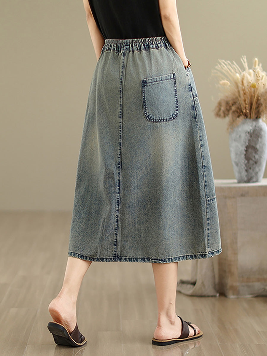 Denim Women Artsy Spring Flower Embroidery Skirt