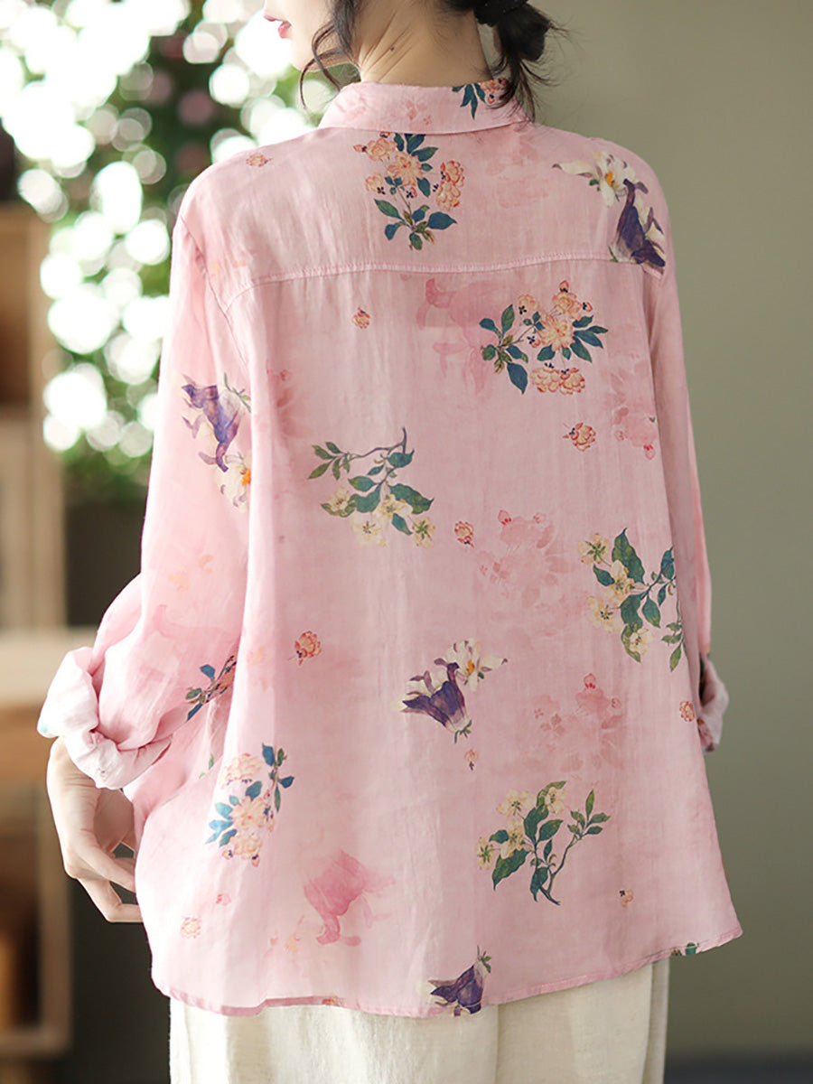 Women Vintage Floral Spring Button Up Ramie Blouse AT1089