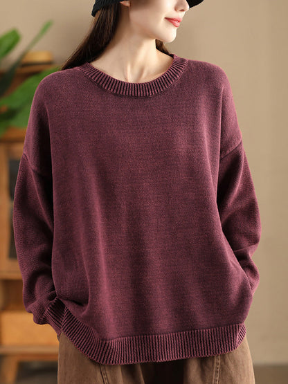 Women Autumn Casual O-Neck Pure Color Knit Sweater AK1028