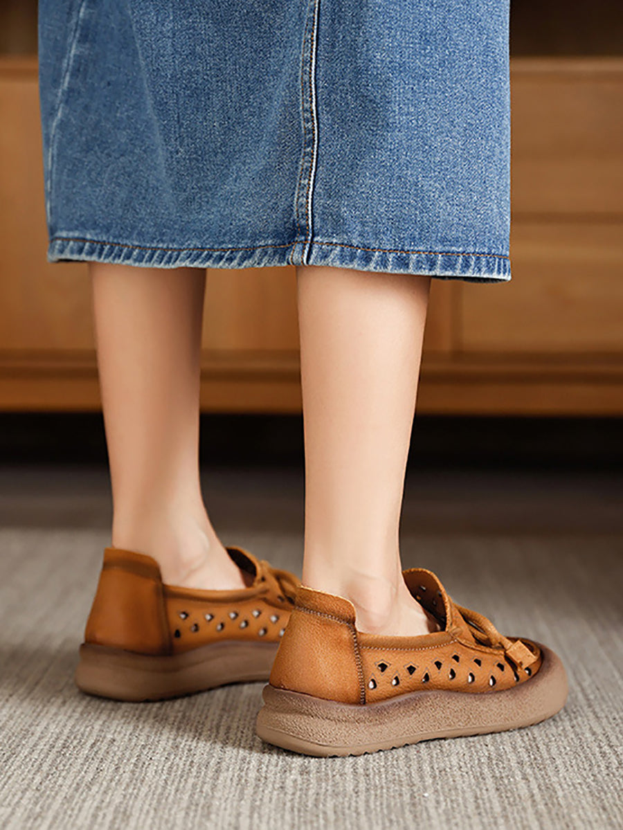 Genuine Shoes Hollow Out Summer Leather Flat Women