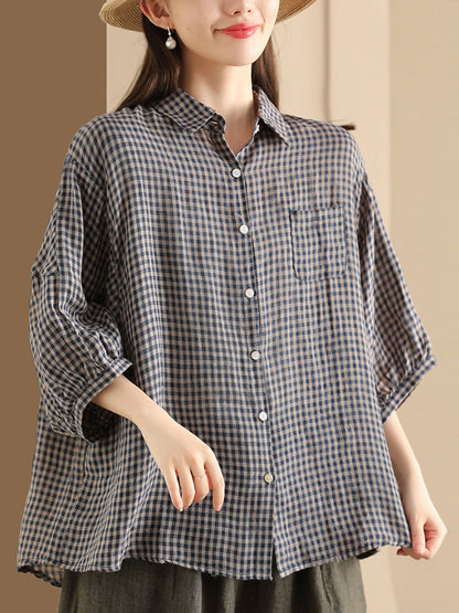 Women Summer Vintage Plaid Button-Up Linen Shirt PP1034