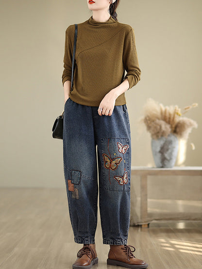 Women Autumn Artsy Butterfly Embroidery Denim Harem Pants AI1078