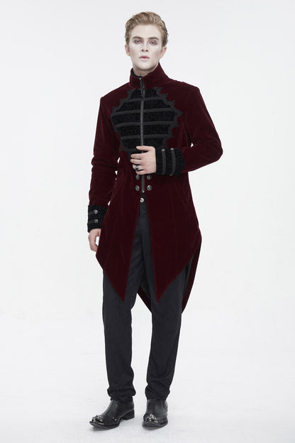 Crimson High-Neck Gothic Coat with Lace Panels and Swallowtail Back