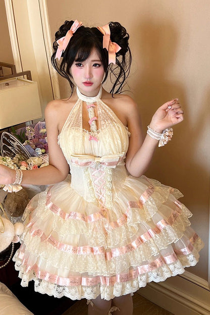 Sweet Princess Lolita Frocks with Halterneck Ruffles & Lace-Up Bows in Cream
