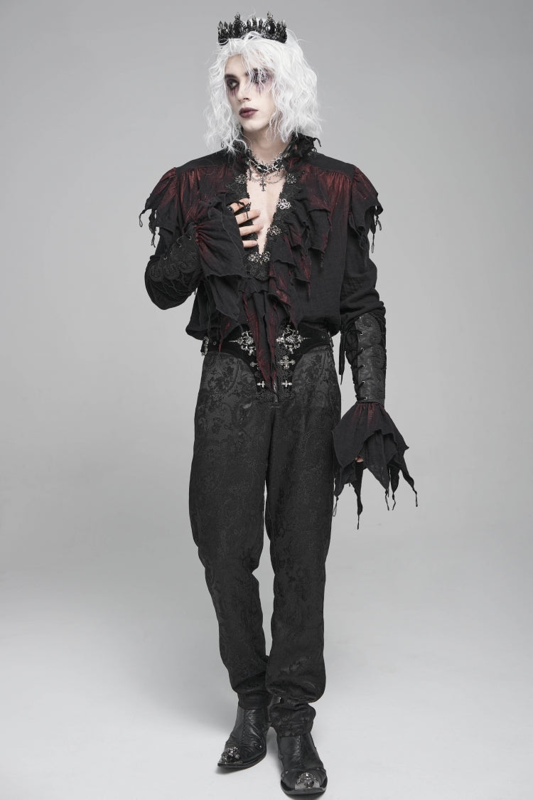 Crimson & Obsidian Stand Collar Long Sleeves Ruffled Plunging Gothic Shirt
