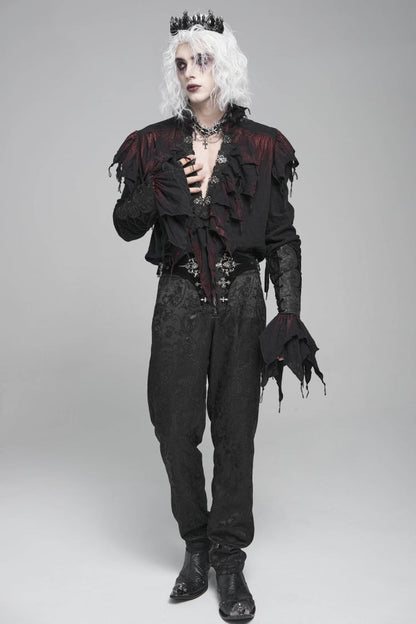 Crimson & Obsidian Stand Collar Long Sleeves Ruffled Plunging Gothic Shirt