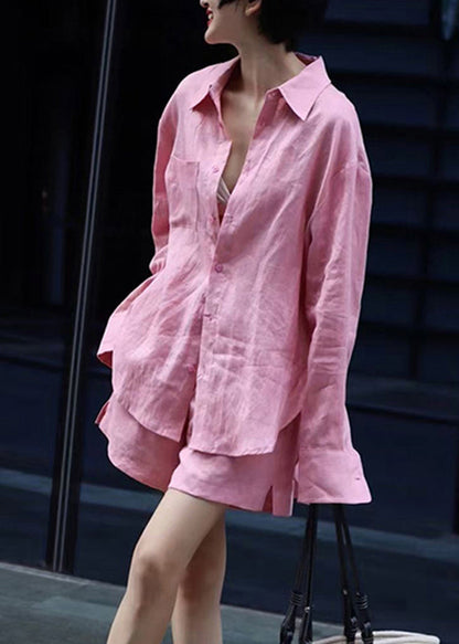 Modernes rosa Button-Shirts und Shorts Zweiteiler-Set Herbst AN1017 