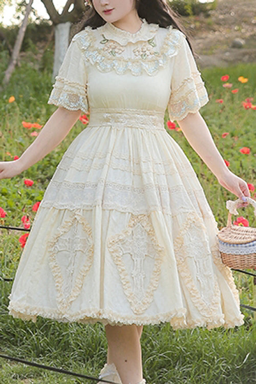 Plus Size Sweet Lolita OP Gown with Floral Embroidery, Lace Cross & Round Collar