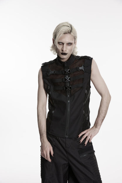 Mesh Cut-Out Punk Vest with Buckles and Eyelets for Men