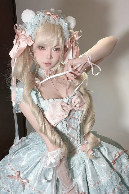 Emerald Sleeveless Ruffle Bow Lace Lace-Up Sweet Elegant Lolita Jumper Dress