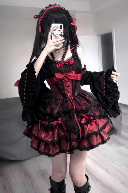 Crimson & Obsidian Sleeveless Multi-Layer Ruffle Bowknot Lace-Up Princess Lolita Jsk Dress