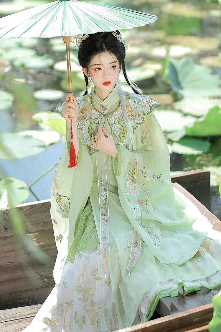 Emerald Ming Dynasty Round Collar Long Sleeve Print Embroidery Sweet Hanfu Outfit