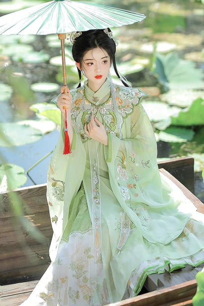 Emerald Ming Dynasty Round Collar Long Sleeve Print Embroidery Sweet Hanfu Outfit