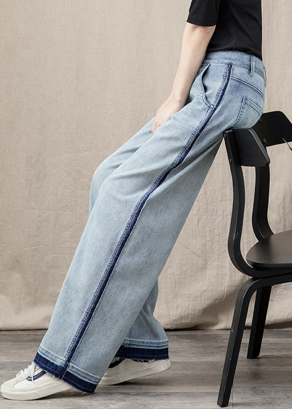 Beautiful Blue Pockets Patchwork Denim Wide Leg Pants Spring TT1027