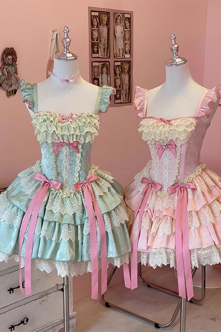 Emerald Mint Multi-Layered Ruffle Bow Lace Ballet Sweet Dress