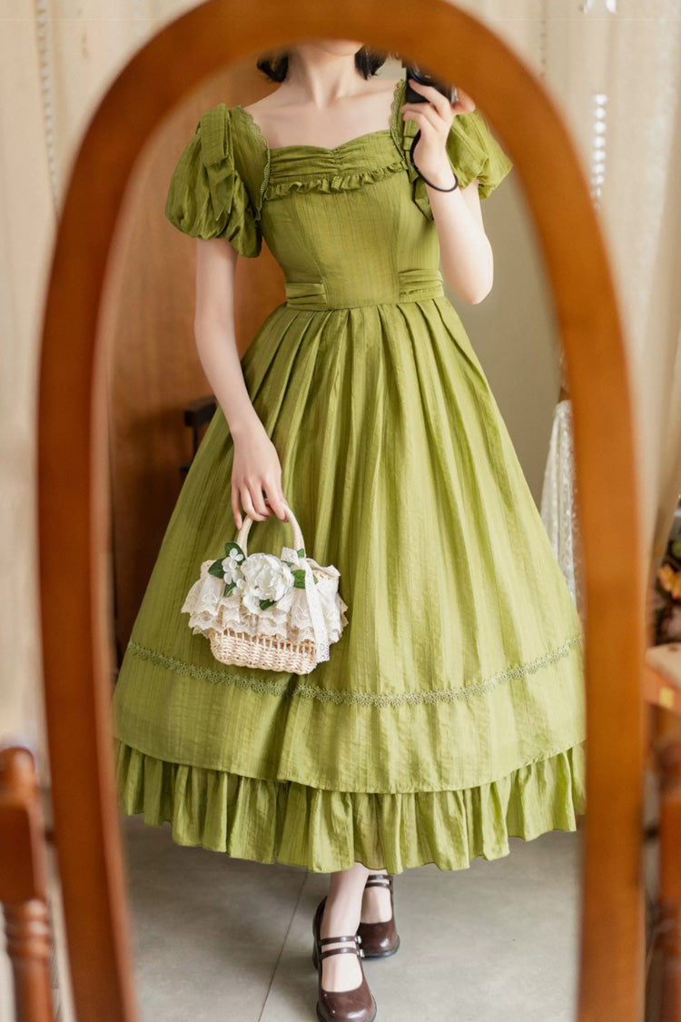 Emerald Square Neck Short Sleeve Ruffled Bow Vintage Elegant Lolita Gown