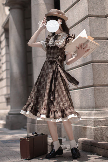 Thames at Dusk Print Vintage Lolita Dress with Ruffle - Short Sleeves