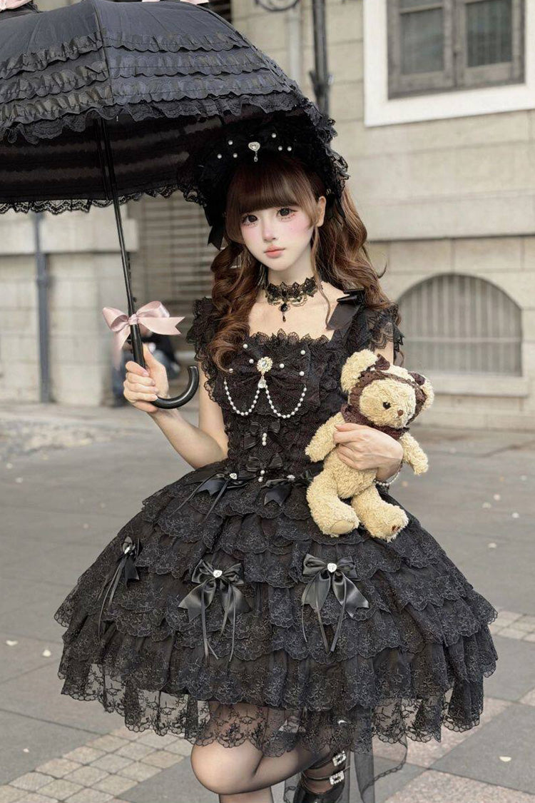 Pearl-Decorated Gothic JSK Dress with Square Collar and Bow in Black