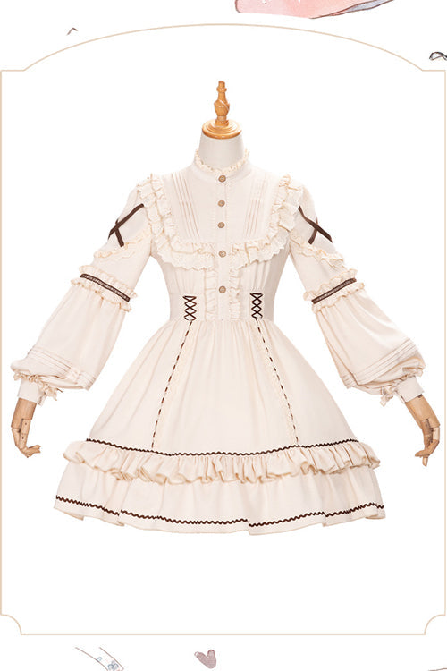 Tiered Sweet Lolita OP Gown with Removable Multi-Layer Ruffles & Lantern Sleeves, Cream