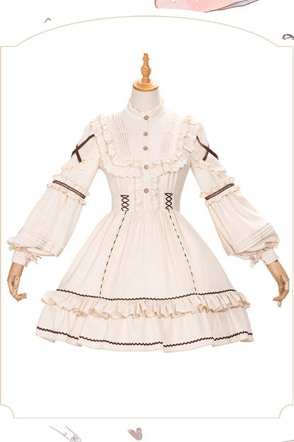 Tiered Sweet Lolita OP Gown with Removable Multi-Layer Ruffles & Lantern Sleeves, Cream