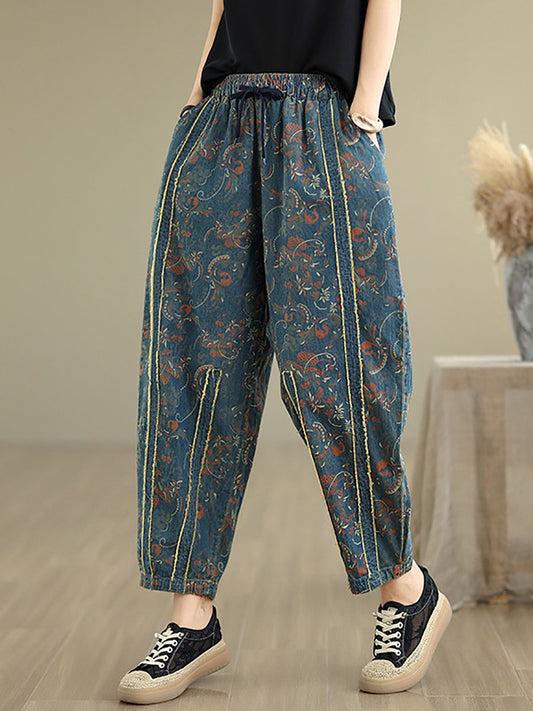 Denim Patchwork Pants Harem Women Retro Flower