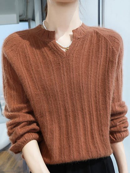 Women Autumn V-Neck Solid Wool Warm Knit Sweater AV1013