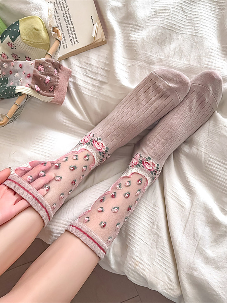 3 Pairs Women Artsy Floral Thin Socks FD037