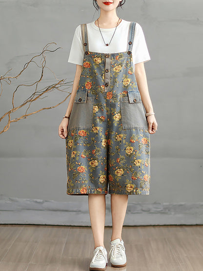 Denim Jumpsuits Short Artsy Women Flower Summer