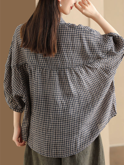 Women Summer Vintage Plaid Button-Up Linen Shirt PP1034