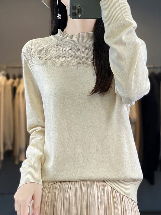 Women Autumn Lacework Neck 100%Wool Loose Sweater QM020