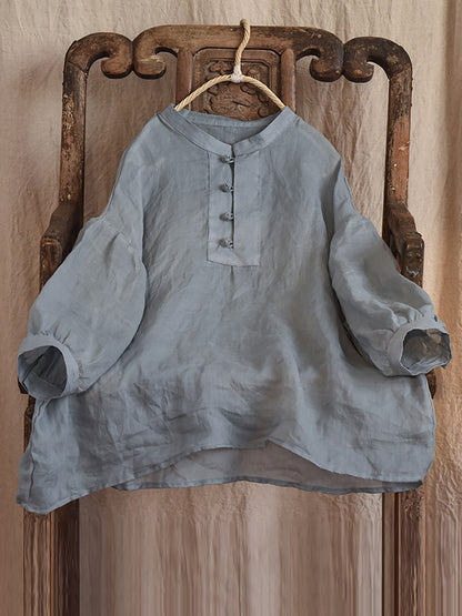 Women Vintage Solid 100%Ramie Summer Loose Shirt AS1047