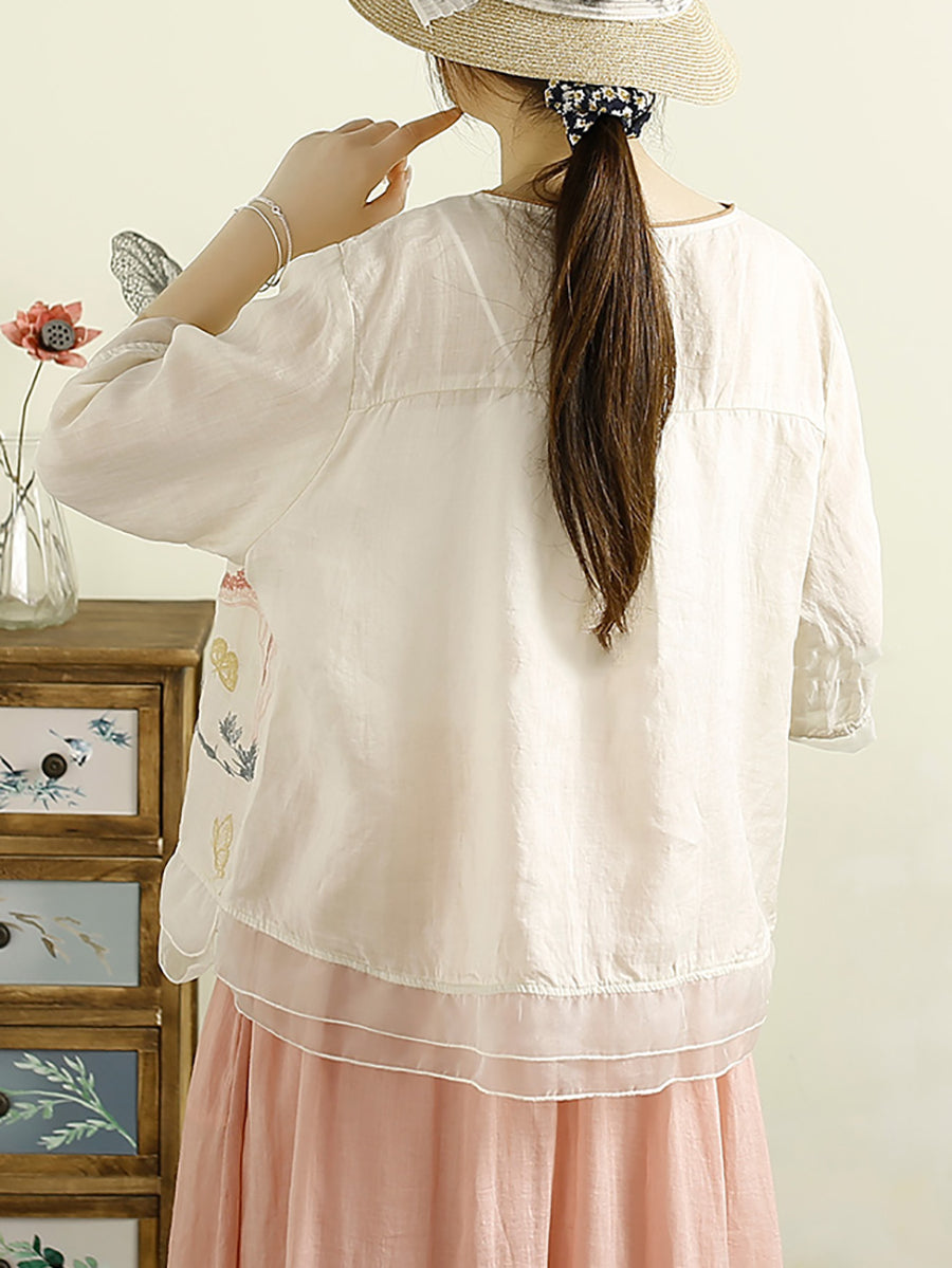 Women Vintage Summer Embroidery Ramie O-Neck Shirt OO1007