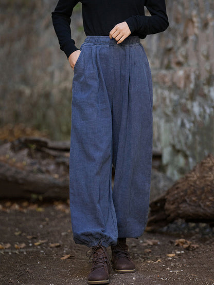 Women Vintage Autumn Solid Loose Ramie Cuffed Pants AT1013