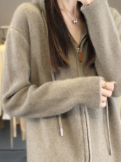 Women Autumn Casual 100%Wool Hooded Cardigan Sweater BA1059