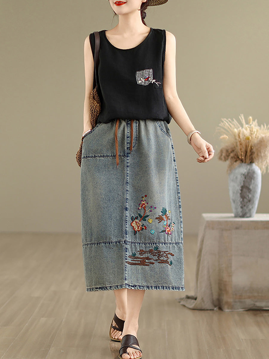 Denim Women Artsy Spring Flower Embroidery Skirt