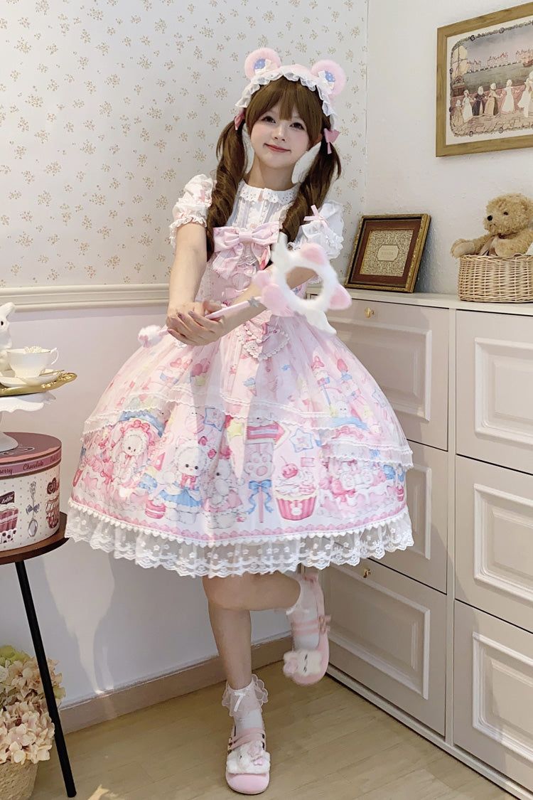 Blush Printed Bow Lace Sweet JSK with Rabbit Cake