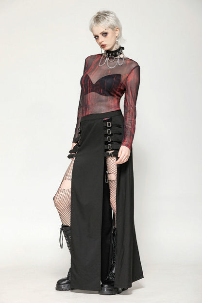 Crimson & Obsidian Round Collar Long Sleeves Sheer Mesh Tie-Dyed Versatile Basic Top
