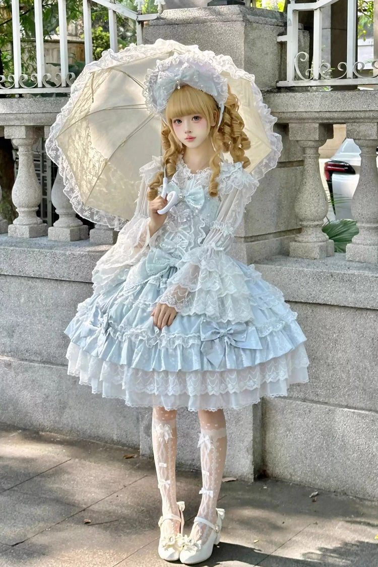 Azure Pearl Veil Doll-Style Sleeveless Ruffled Bow Lace Layered Sweet Lolita Gown